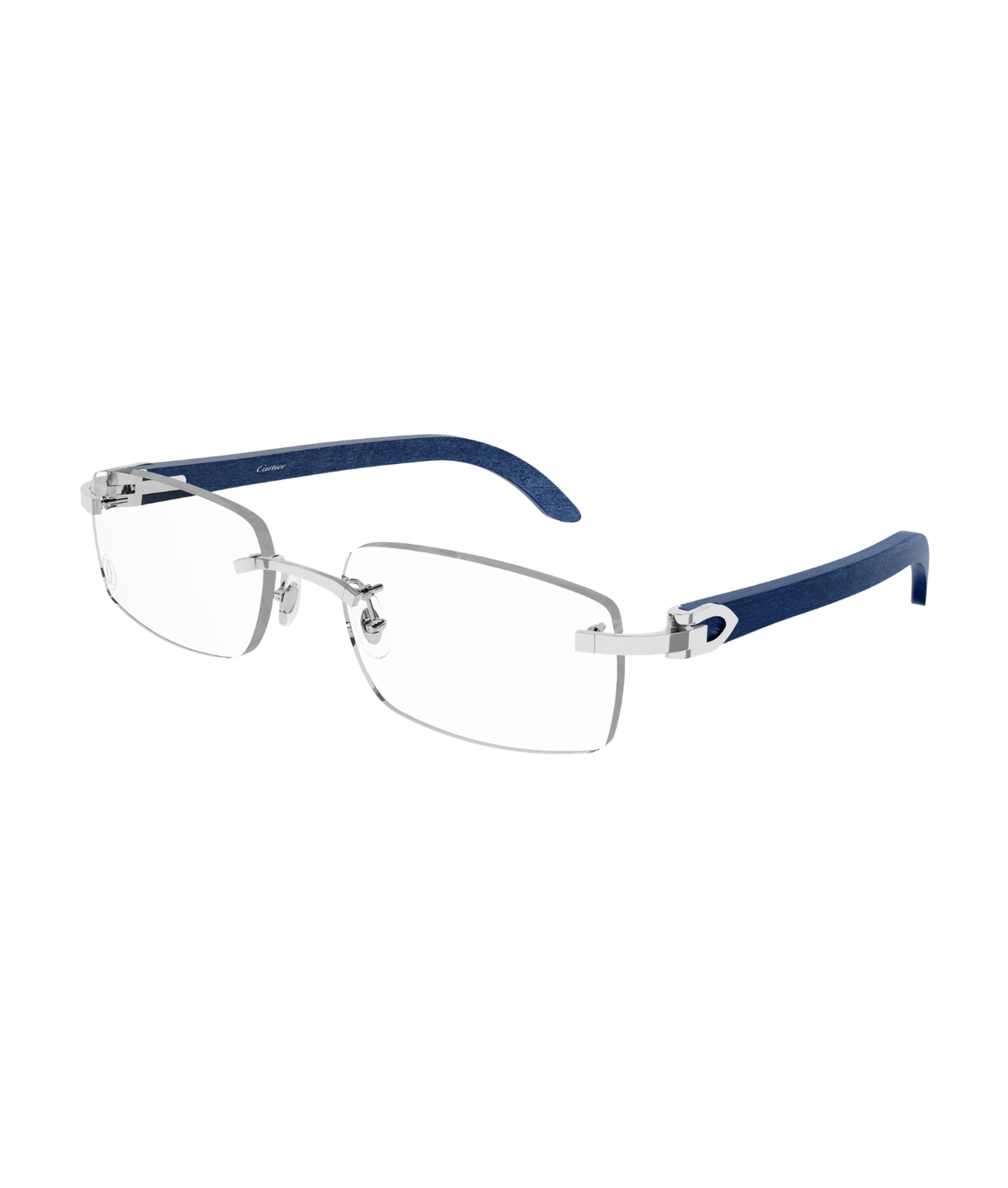 Cartier Décor C CT0052O rimless rectangle eyeglasses in Shiny Silver-Blue, three-quarter view