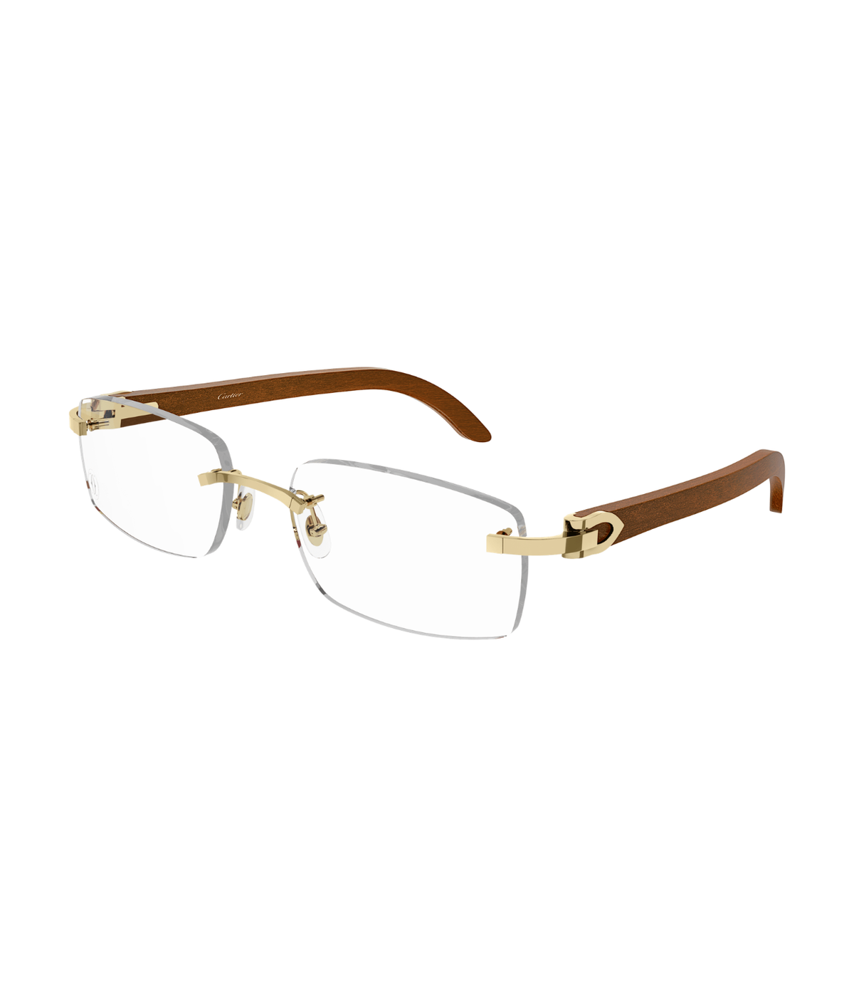 Cartier Décor C CT0052O rimless rectangle eyeglasses in Gold-Brown-Transparent, three-quarter view