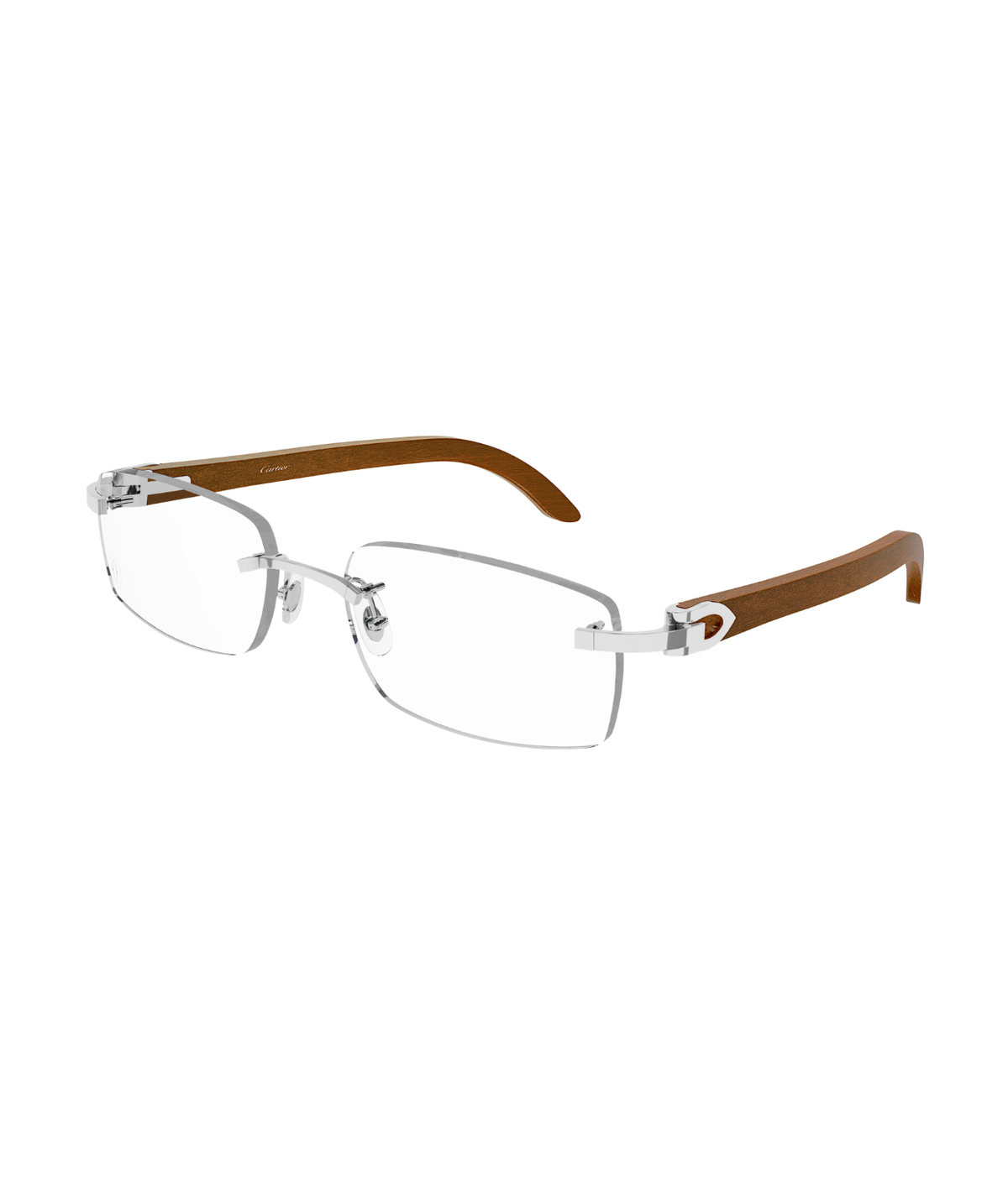 Cartier Décor C CT0052O rimless rectangle eyeglasses in Silver-Brown-Transparent, three-quarter view