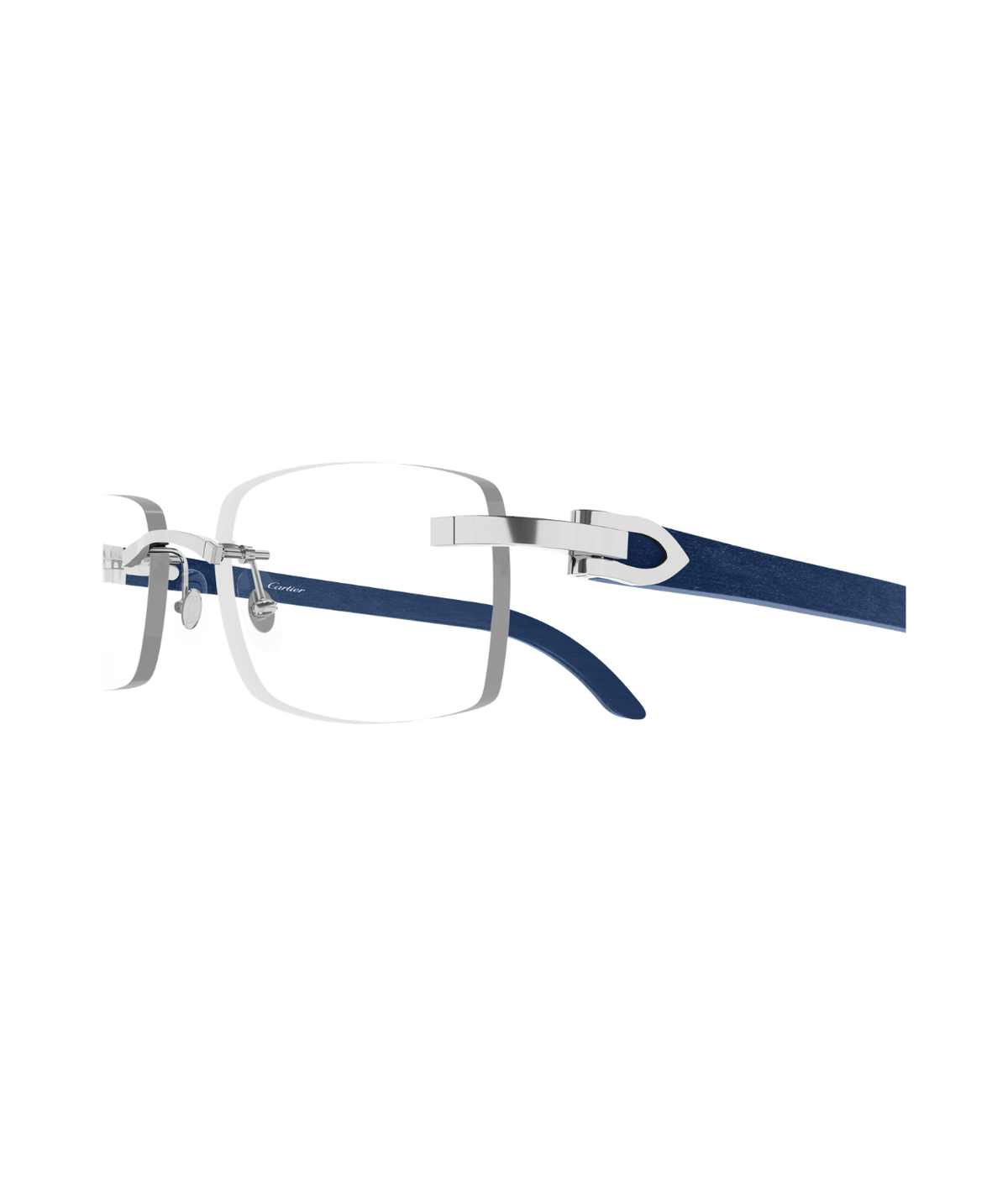 Cartier Décor C CT0052O rimless rectangle eyeglasses in Shiny Silver-Blue, side view