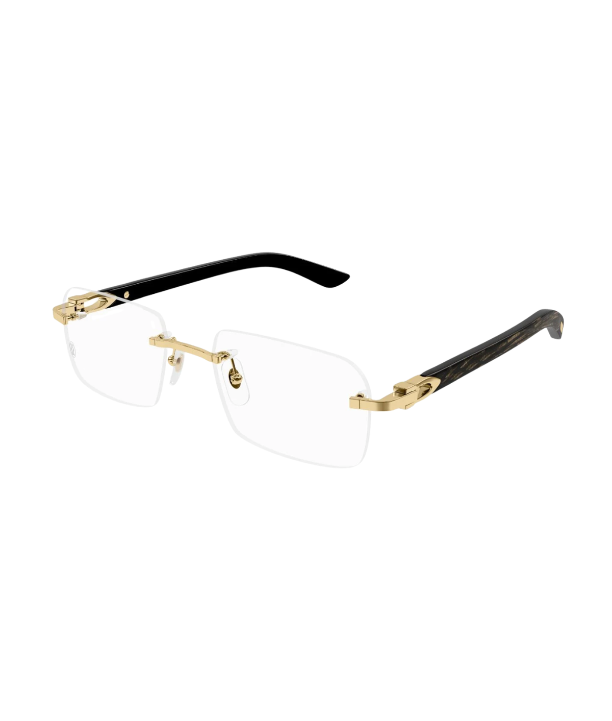 Cartier Décor C CT0453O rimless rectangle eyeglasses in Gold-Black, three-quarter view