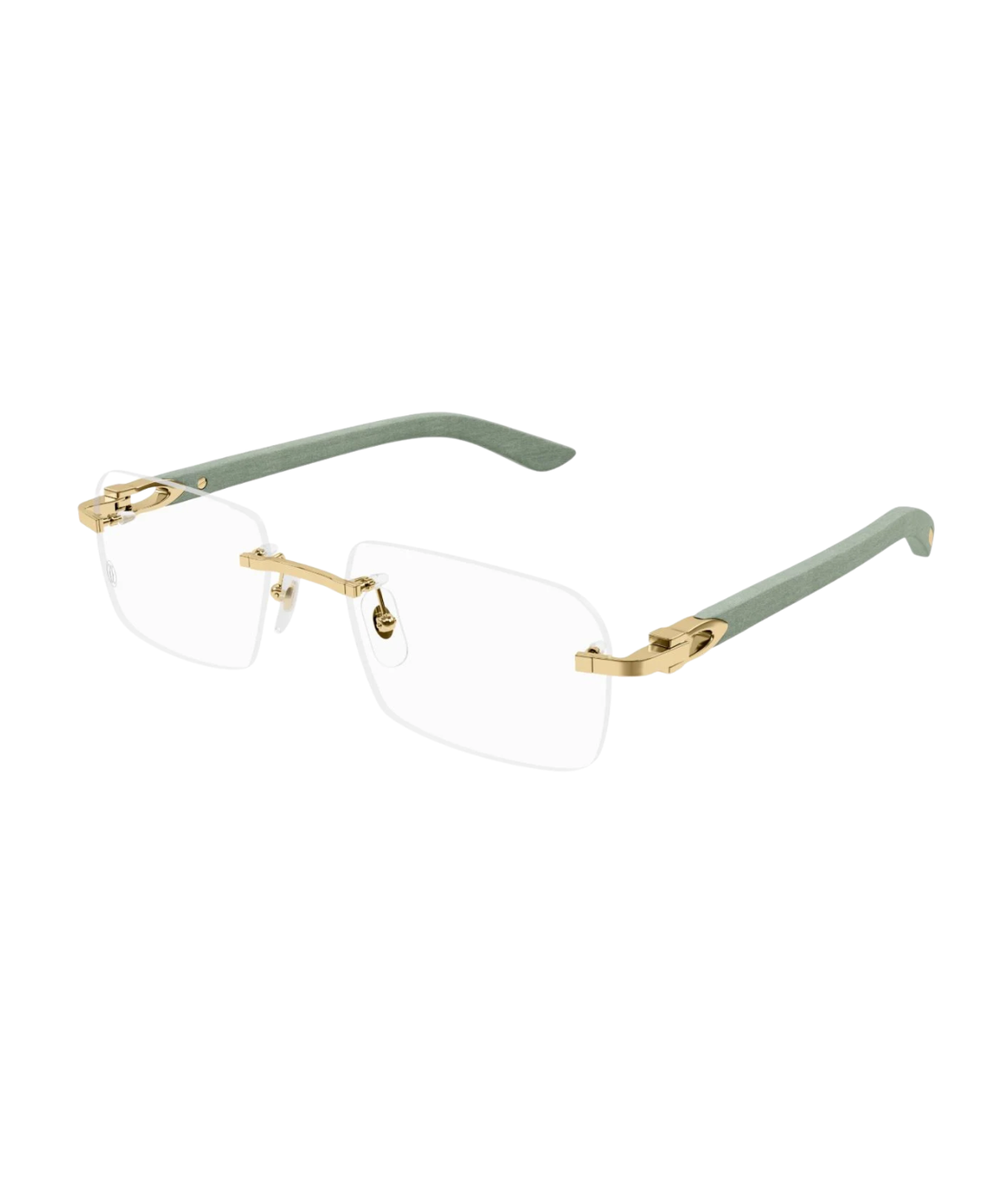 Cartier Décor C CT0453O rimless rectangle eyeglasses in Gold-Green, three-quarter view