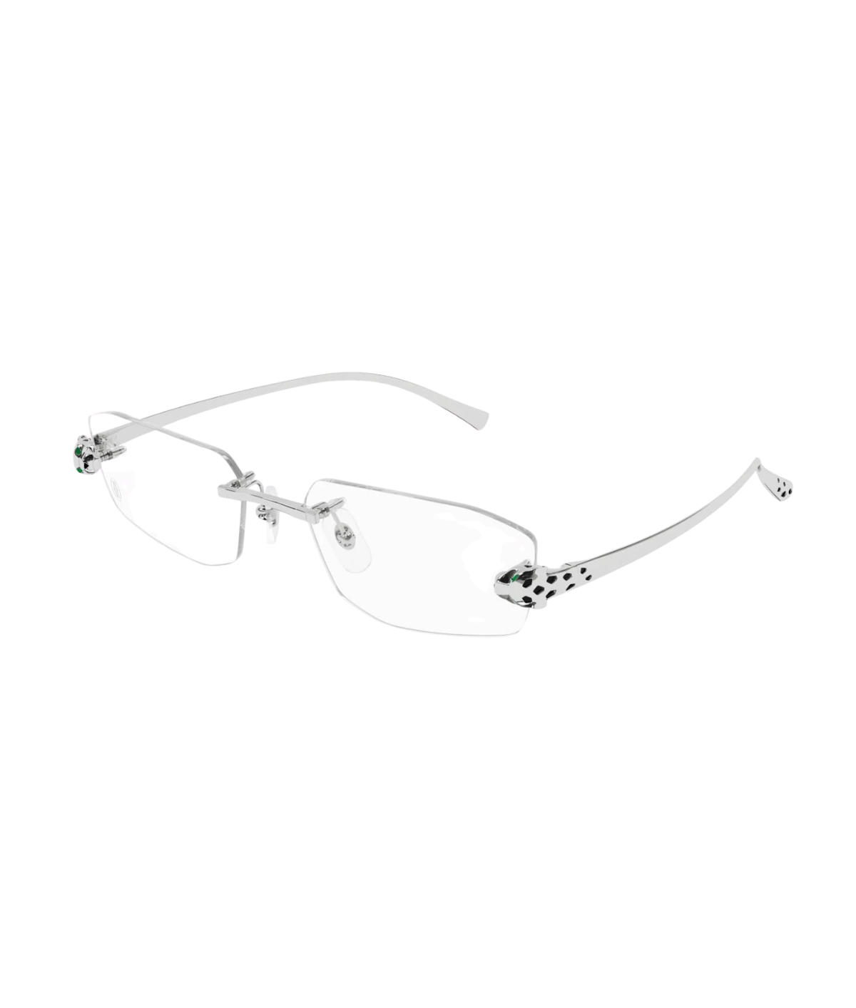 Cartier Panthère CT0494O rimless rectangle eyeglasses in Shiny Silver-Transparent, three-quarter view