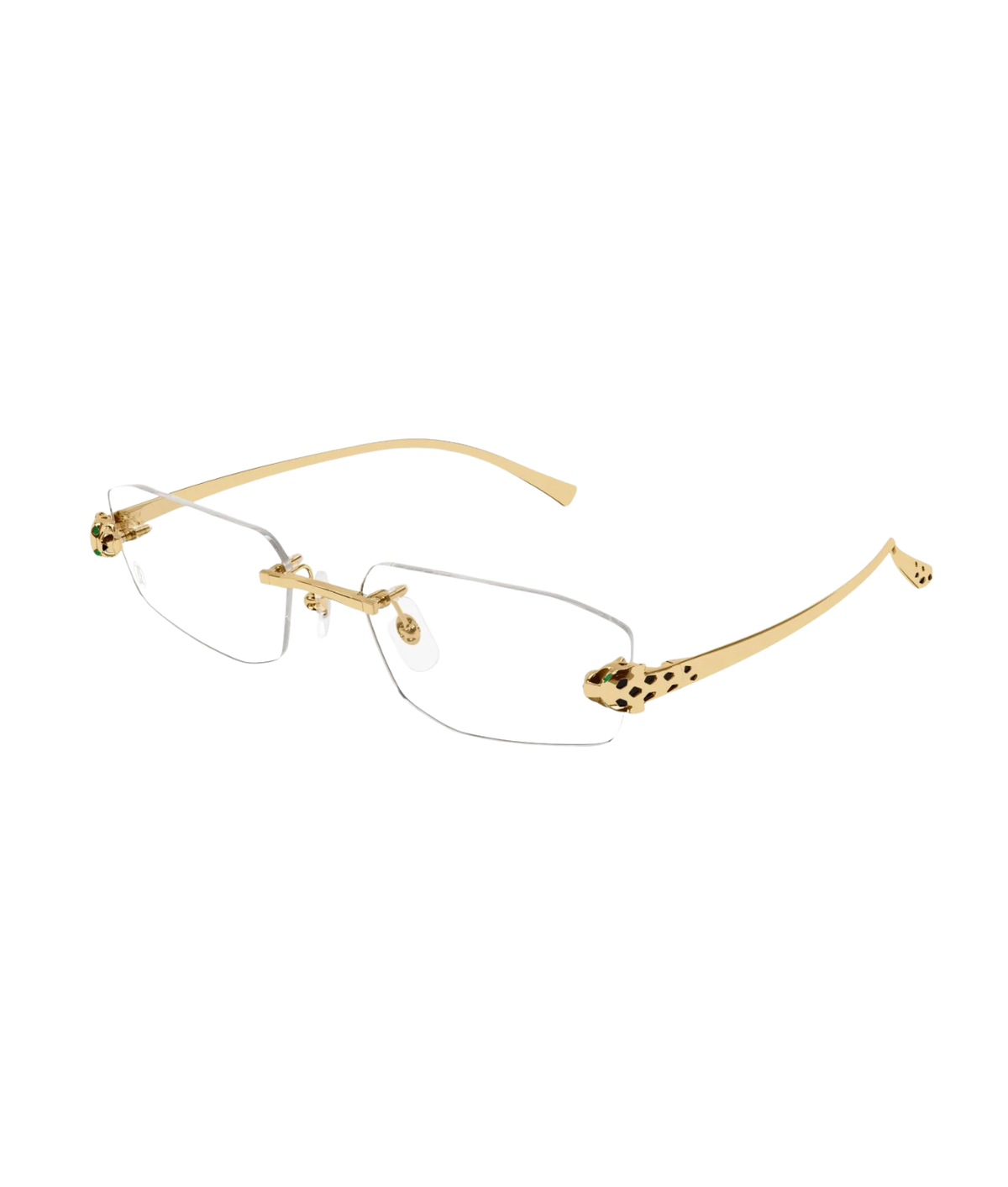 Cartier Panthère CT0494O rimless rectangle eyeglasses in Gold-Transparent, three-quarter view