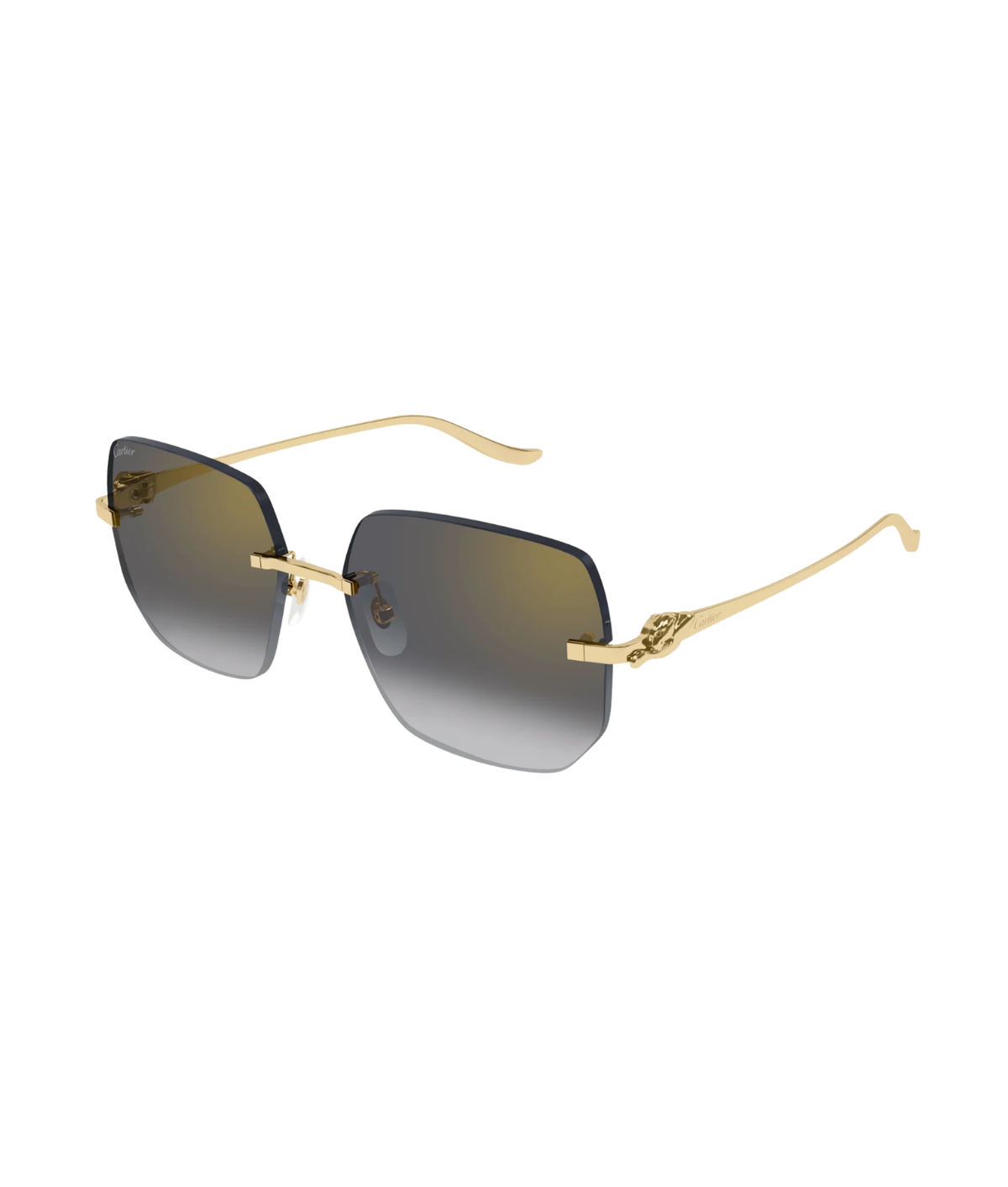 Cartier Panthère CT0549S rimless rectangle sunglasses in Gold-Grey, three-quarter view