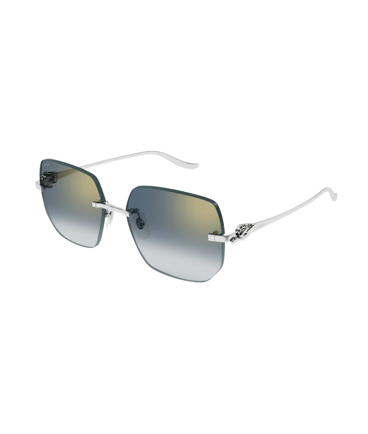 Cartier Panthère CT0549S rimless rectangle sunglasses in Shiny Silver-Blue, three-quarter view