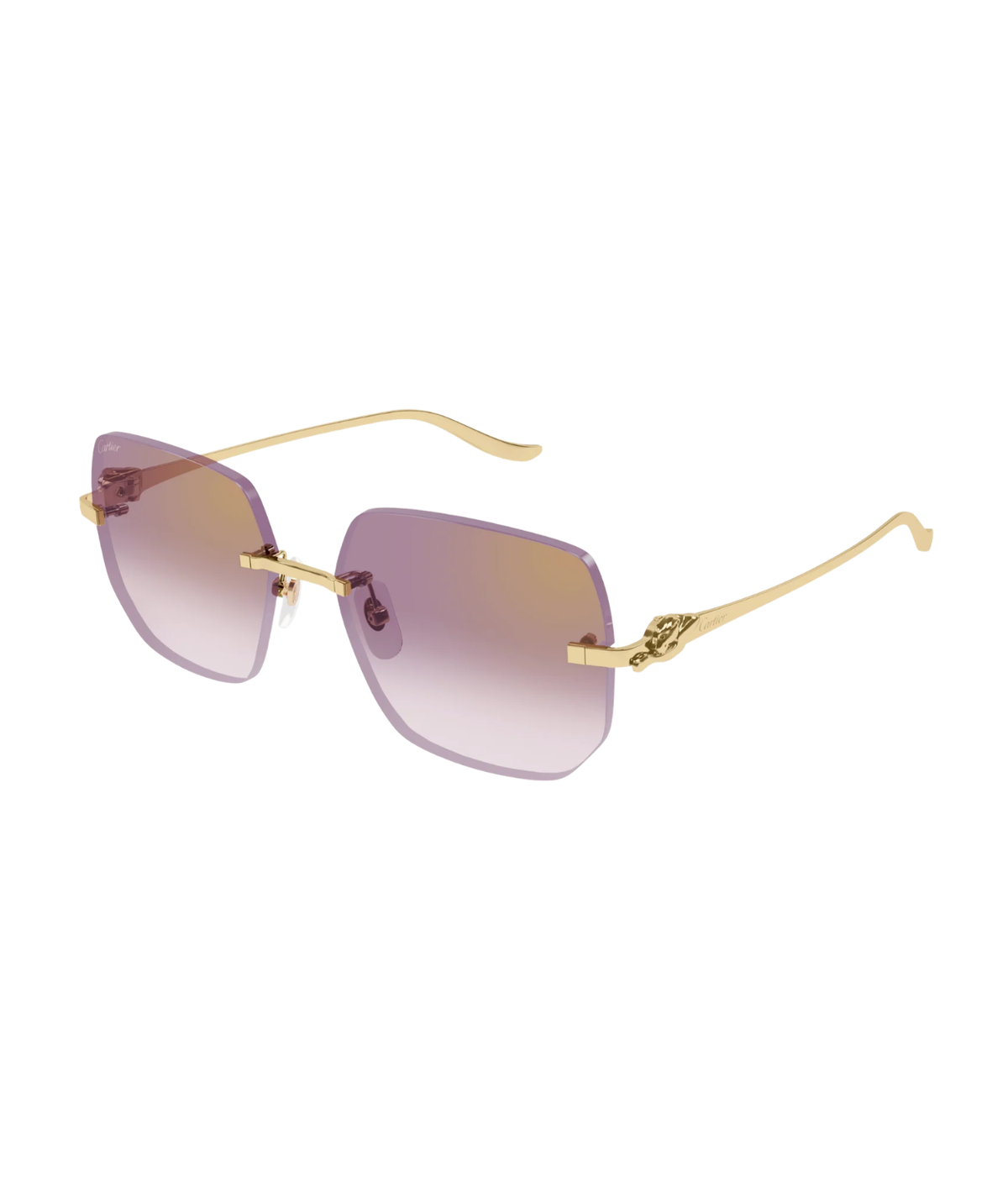 Cartier Panthère CT0549S rimless rectangle sunglasses in Gold-Violet, three-quarter view